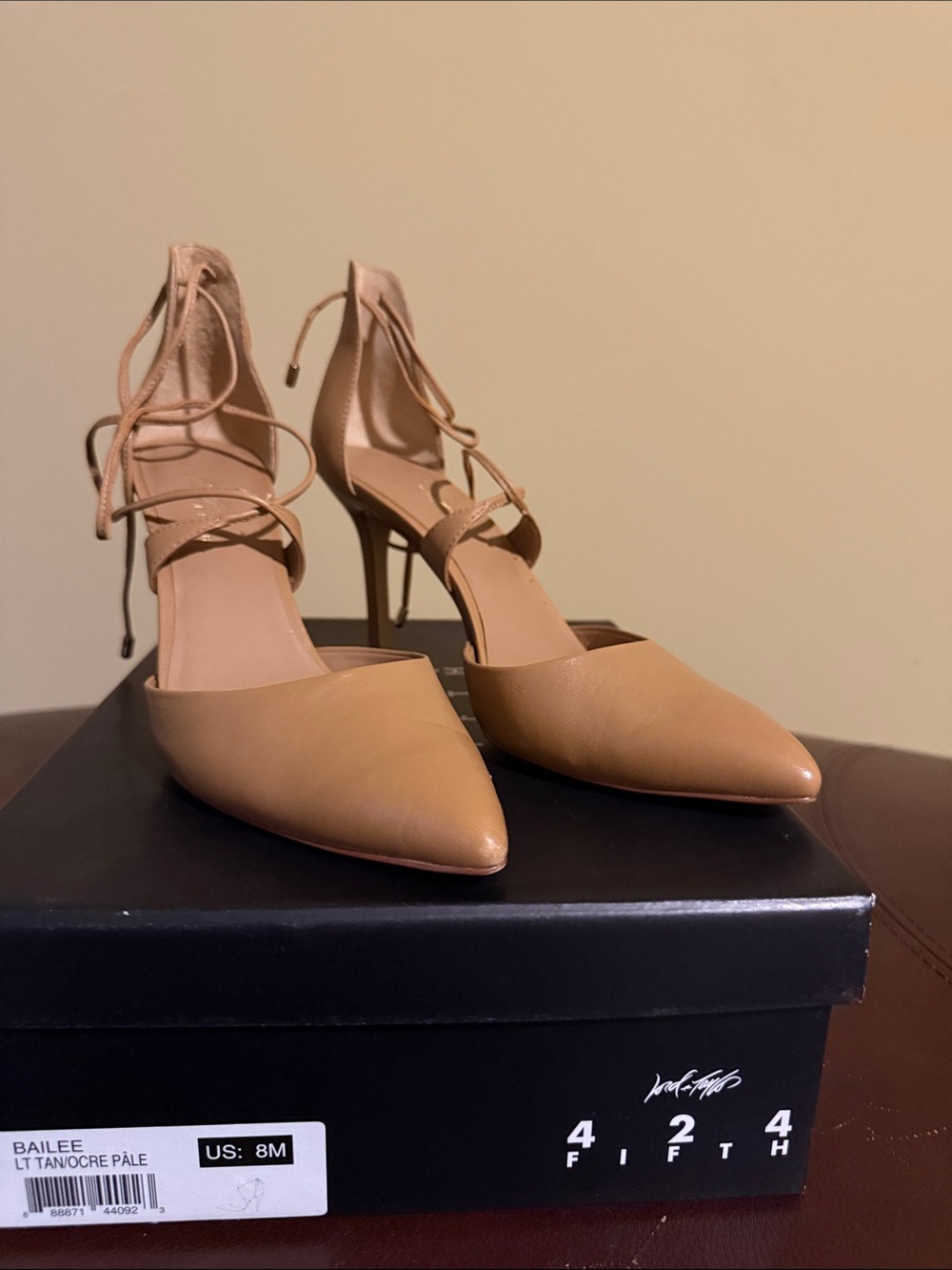 Lord & Taylor Tan Pointed-Toe Lace-Up Heels